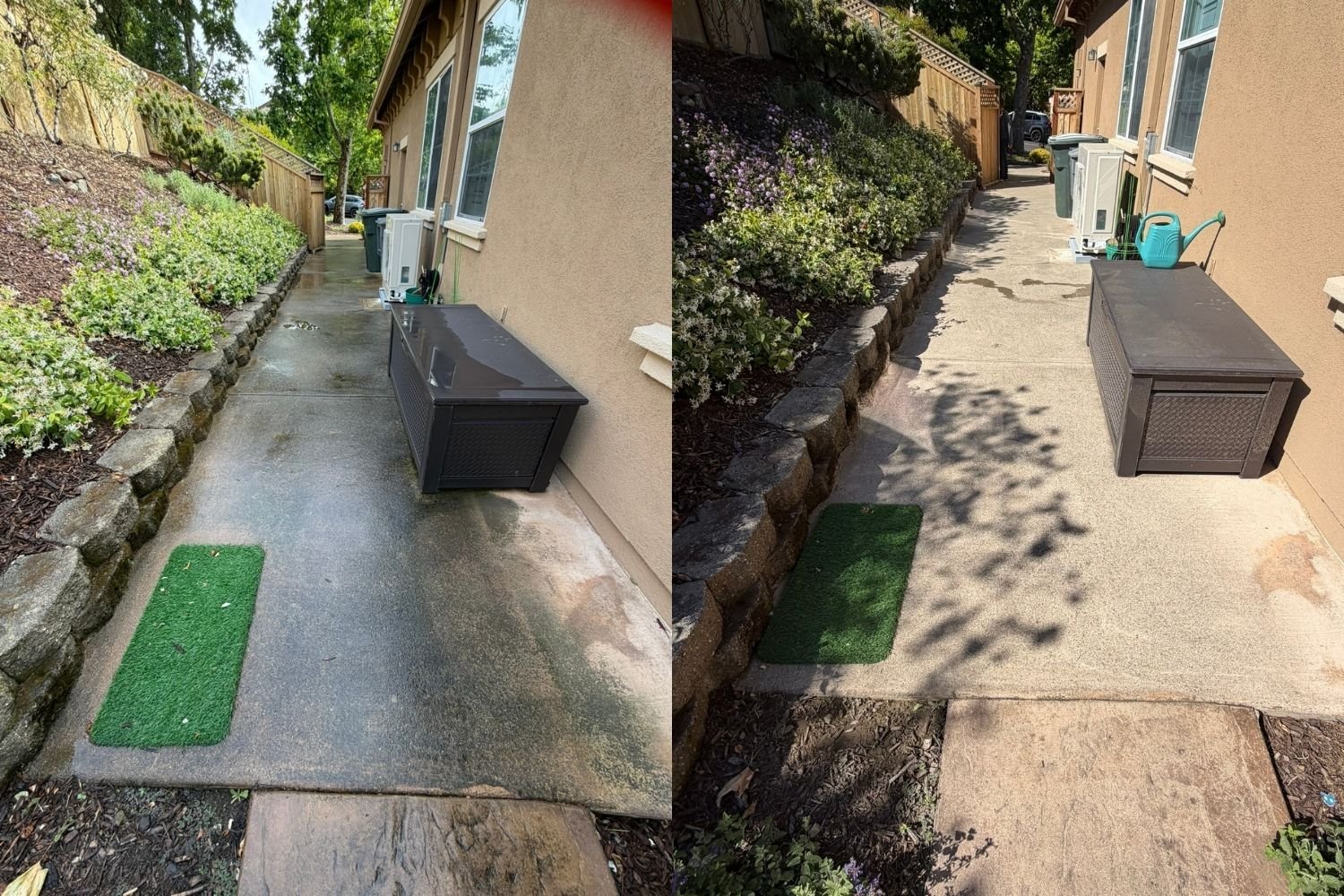 Before and after concrete walkway cleaning showing dirt and stains removed by Solano County Pressure Washing.