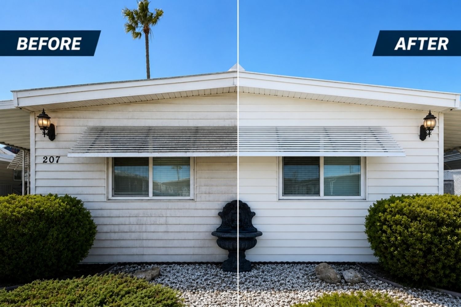 Before and after house soft washing showing exterior buildup removed by Solano County Pressure Washing.