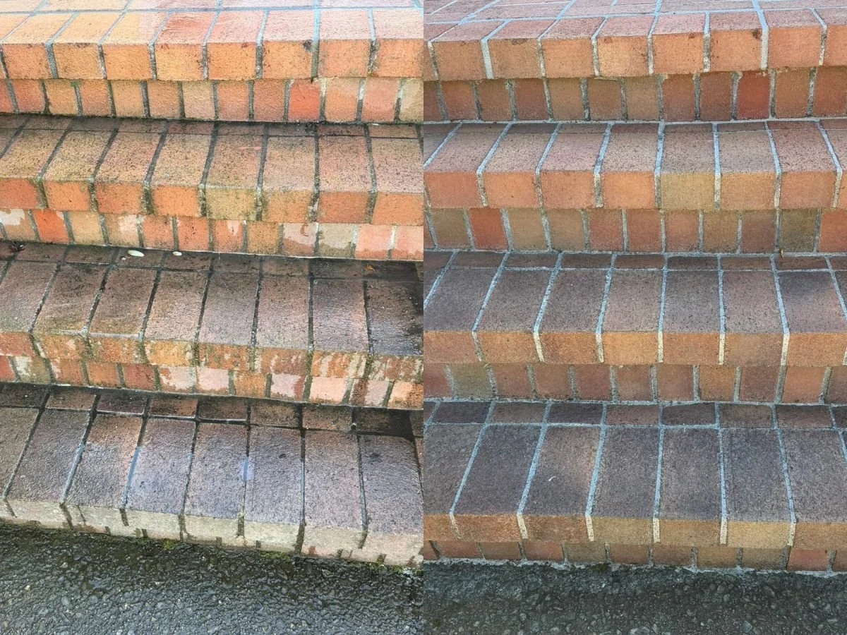 Comparison of three brick staircases showing before and after cleaning or restoration.