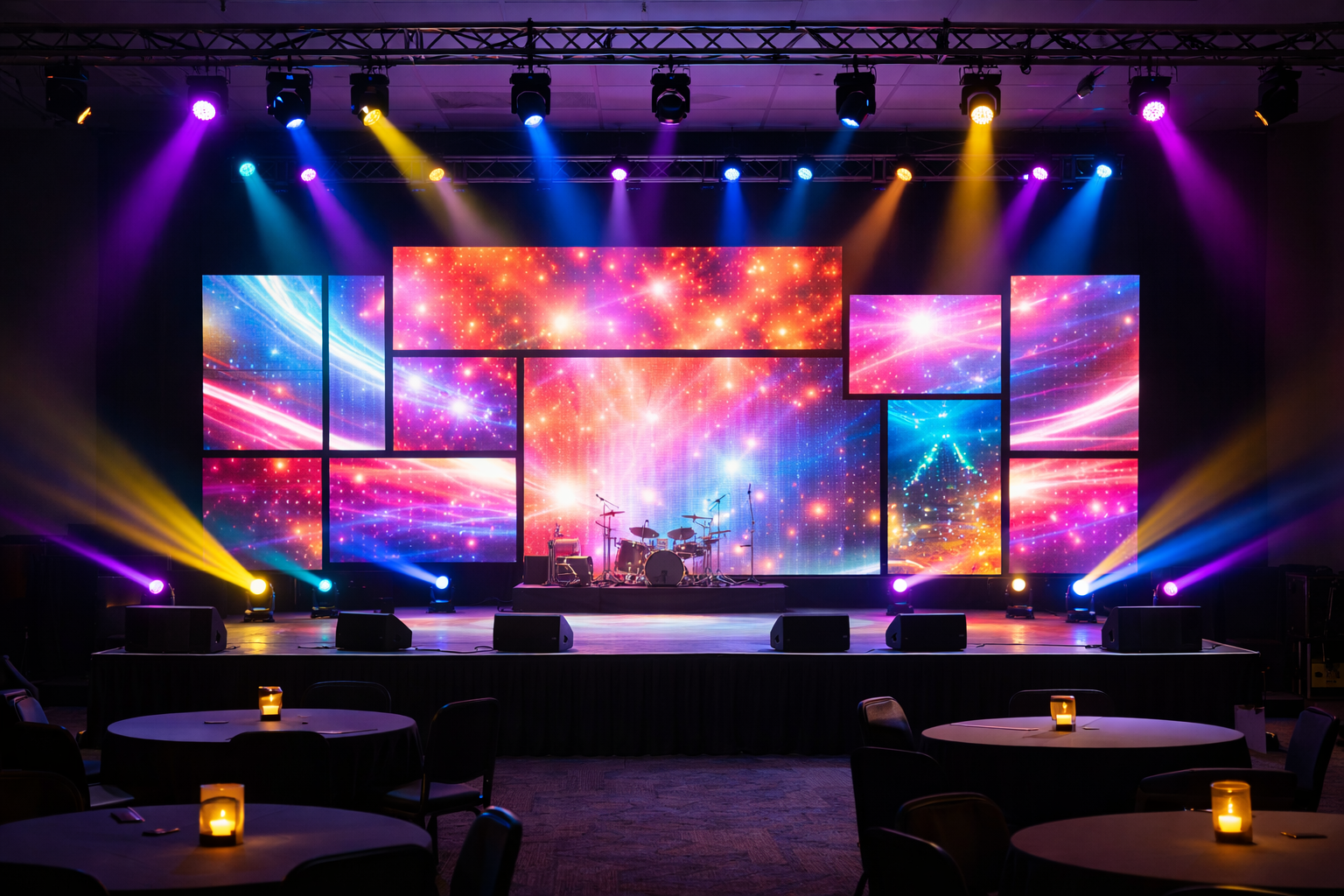 Vibrant stage with LED visuals and drum kit.png