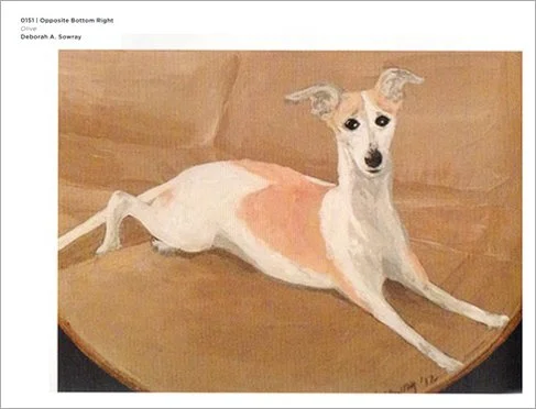 A painting of a whippet, depicted on a wooden background.