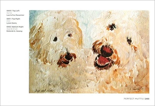 A watercolor painting of two labradoodles. Happy and playful.