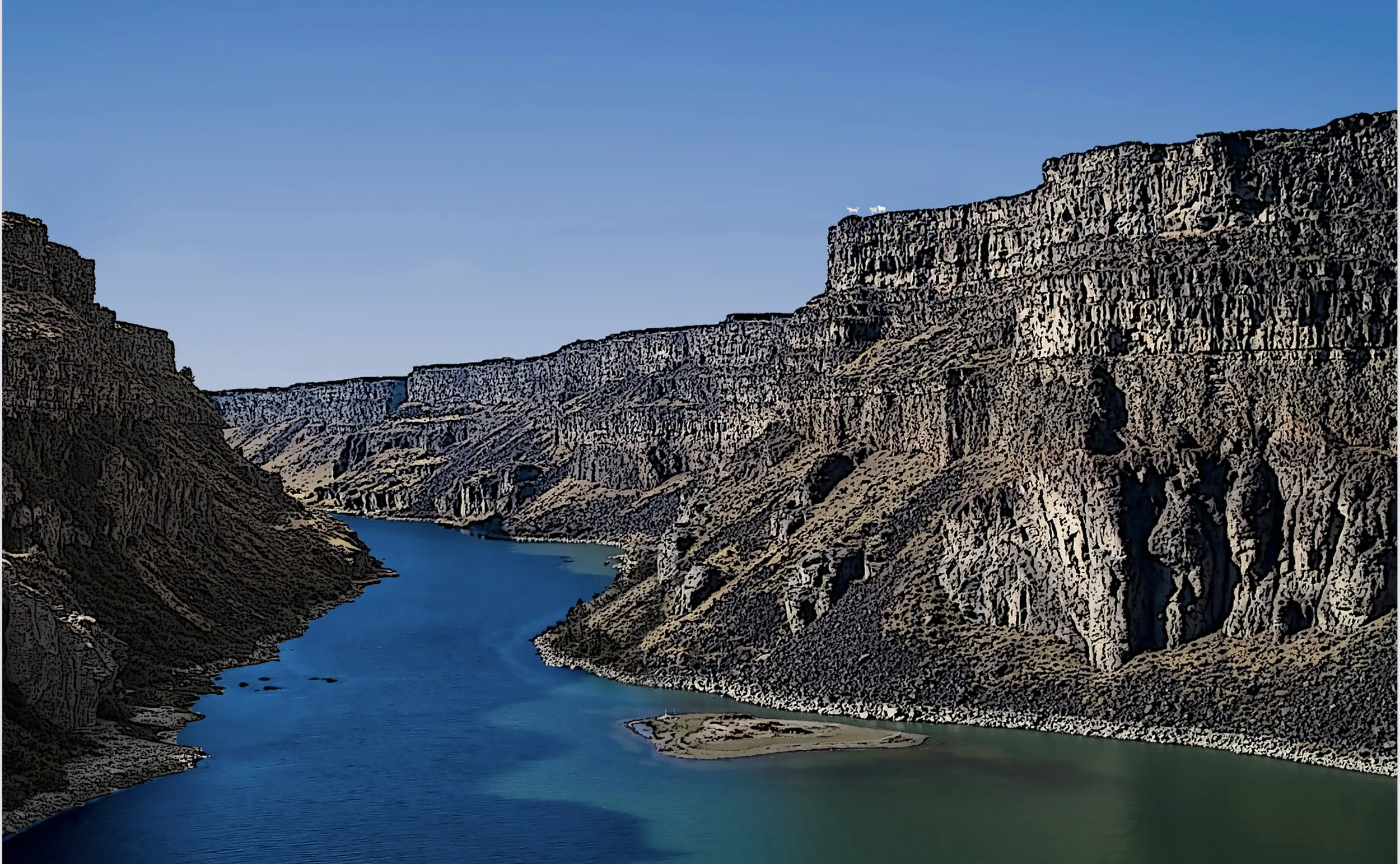 A large dam with steep, rocky cliffs on either side, holding a reservoir of blue water, with a small landmass in the water and a clear blue sky overhead.