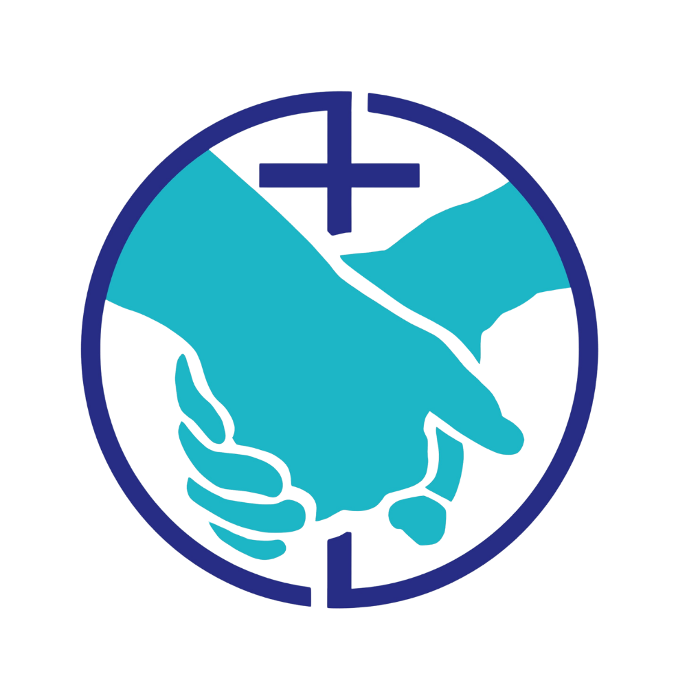 Illustration of two hands holding inside a circle with a cross