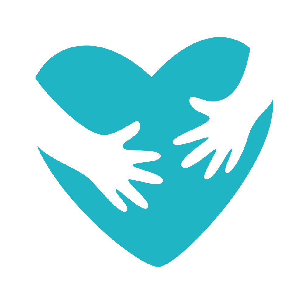 illustration of a teal heart with two white hands reaching towards each other, symbolizing care and compassion