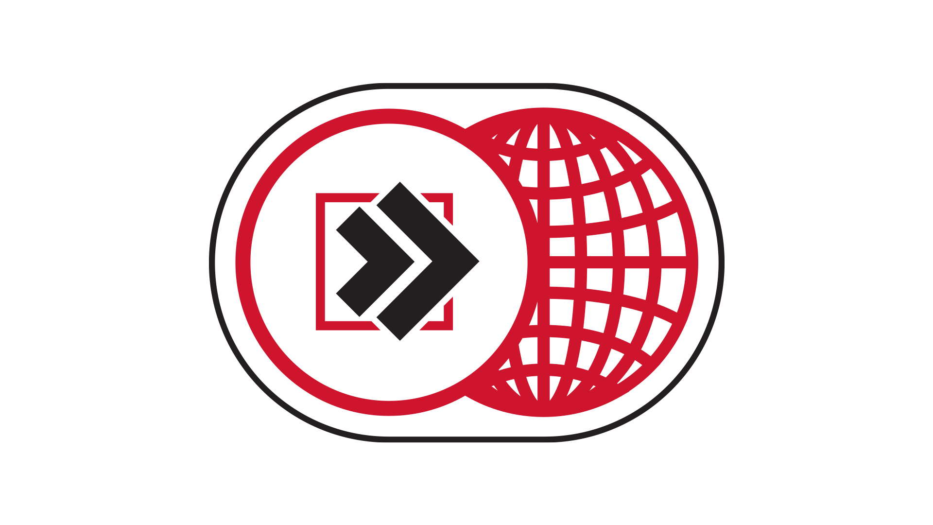 Red and black logo with a globe and a stylized arrow pointing right inside a square, representing global speed or forwarding.