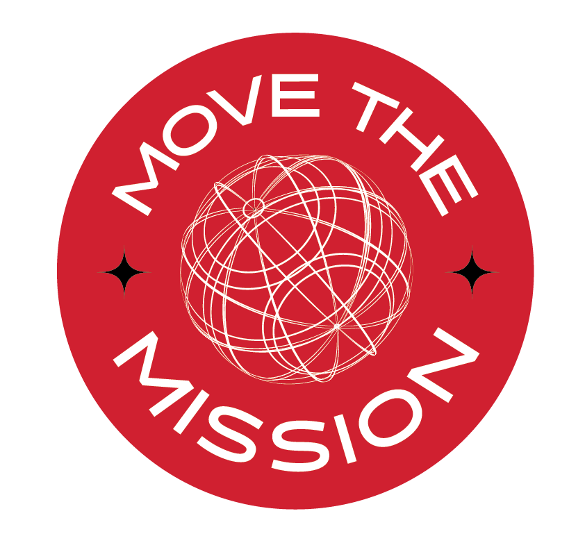 Red circular emblem with white text reading "Move the Mission" and a white abstract globe design in the center, flanked by black star-like symbols.