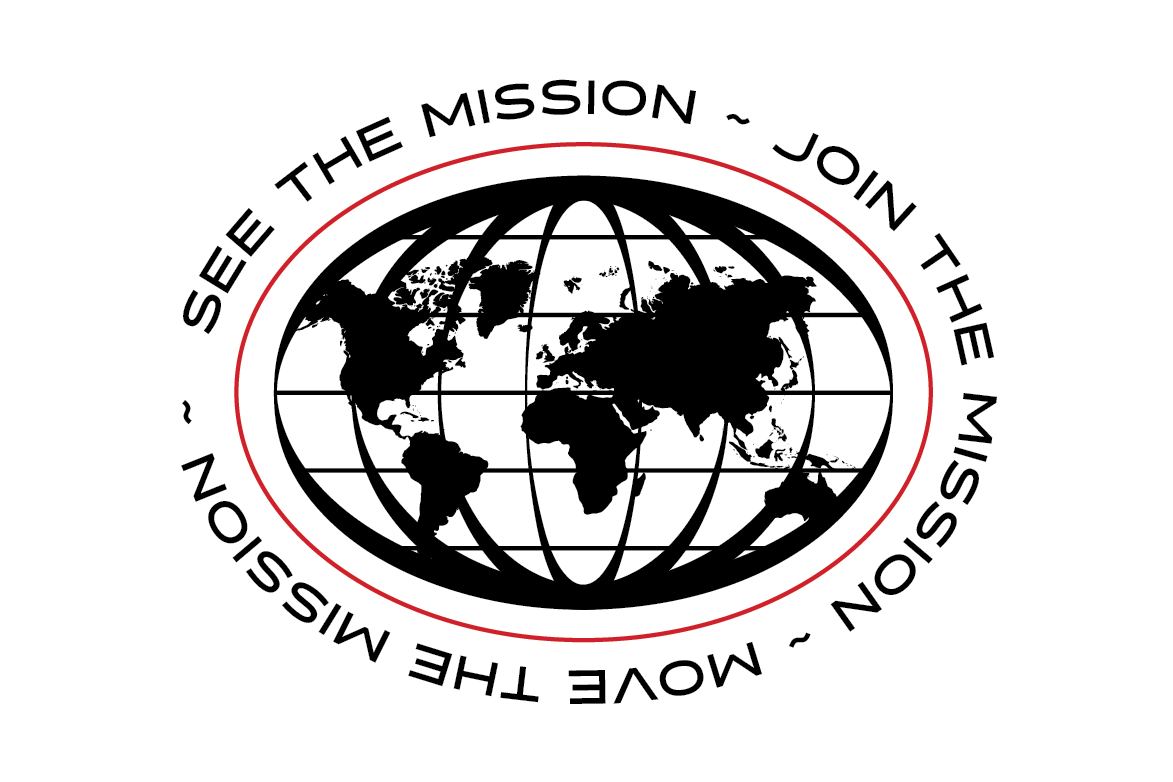A circular emblem featuring a black world map with continents on a globe, surrounded by the text 'Join the Mission ~ Love the Mission ~ See the Mission'.