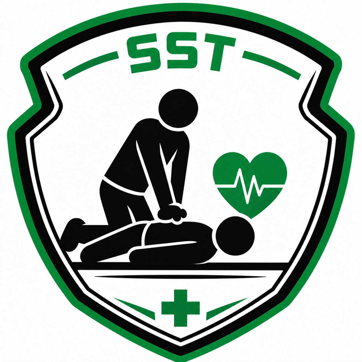 Logo de premiers secours montrant une personne effectuant une réanimation sur une autre, avec un symbole de cœur et un électrocardiogramme, encadré par un bouclier vert, noir et blanc.