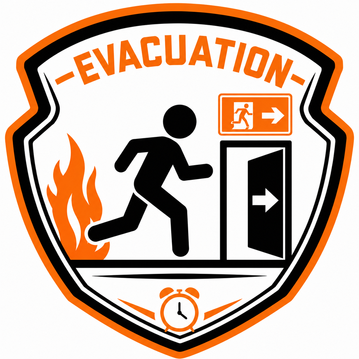Création de signalisation de sortie d'urgence en cas d'incendie, comprenant une figure humaine courant vers une porte, une flamme orange, des symboles de sortie avec des flèches, et une horloge indiquant le temps de réaction.