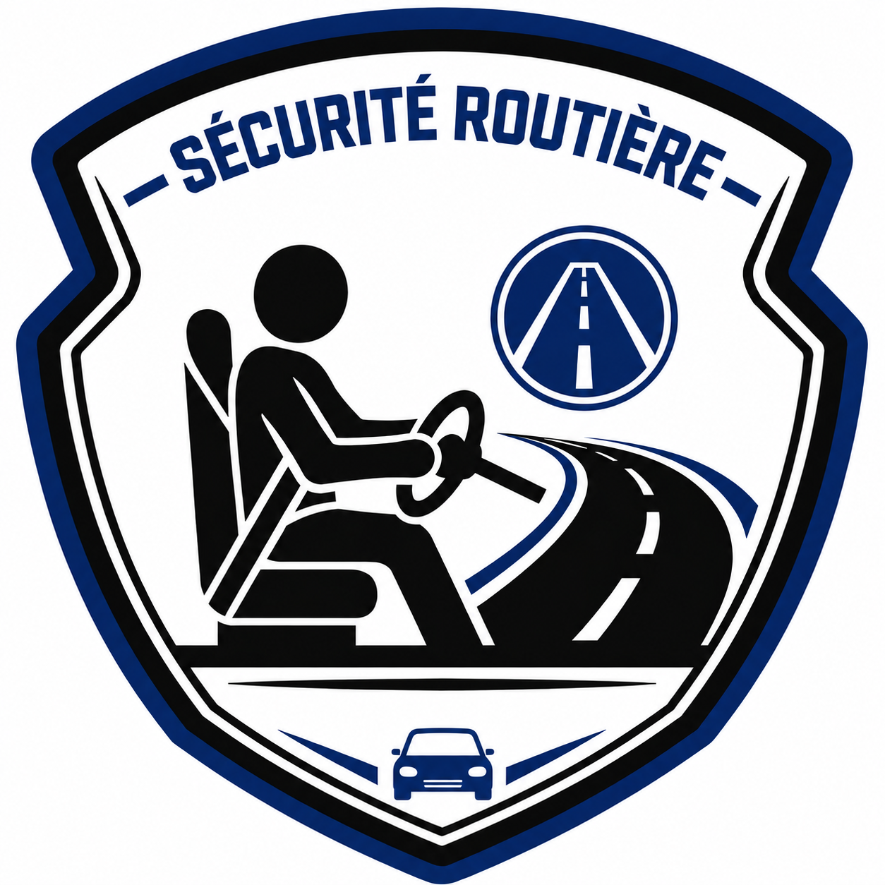 Logo de sécurité routière montrant un agent de sécurité assis, tenant un volant, avec une route et un panneau de voie rapide au-dessus.