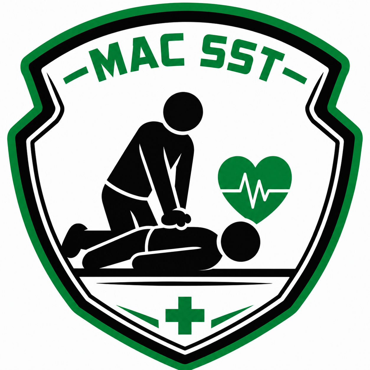 Bouclier avec une image d'une personne réalisant une séance de premiers secours sur une autre personne, un cœur vert avec un électrocardiogramme. Texte en haut: 'MAC SST'.