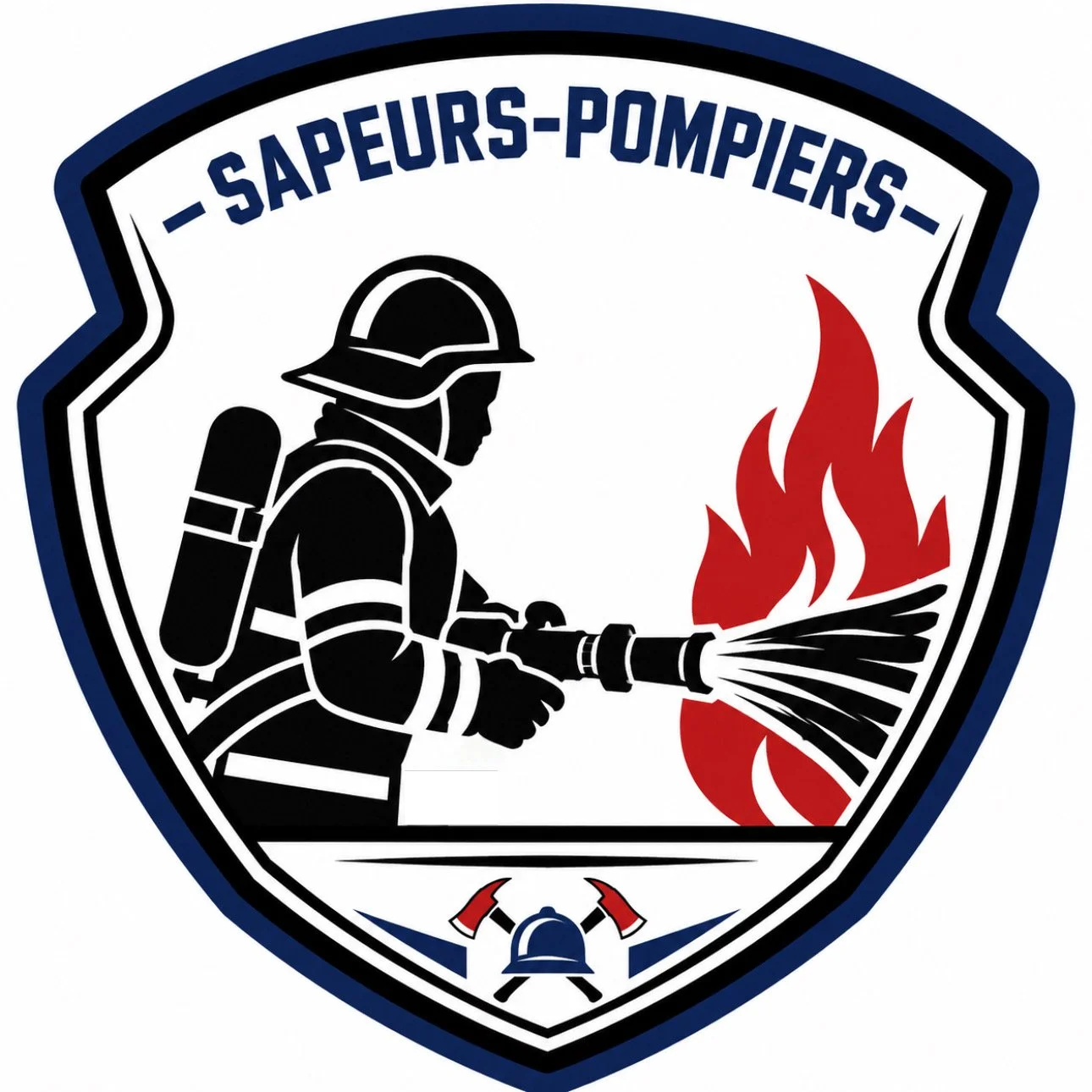 Insigne de sapeurs-pompiers avec un pompier en silhouette utilisant une lance à incendie, un feu rouge derrière lui, et deux haches croisées au bas.