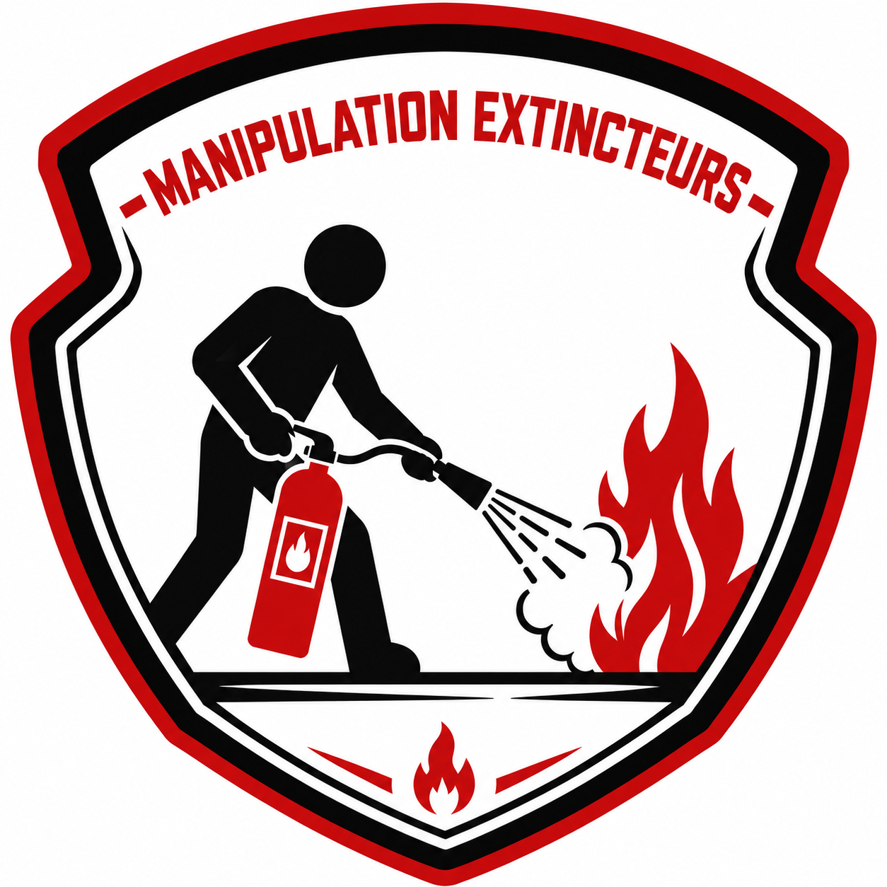 Insigne de lutte contre la manipulation, avec une silhouette d'une personne éteignant un feu avec un extincteur rouge portant un symbole de flamme, et une flamme rouge à côté.