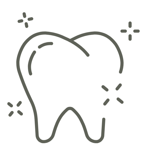 Outline of a molar tooth with decorative sparkles around it.