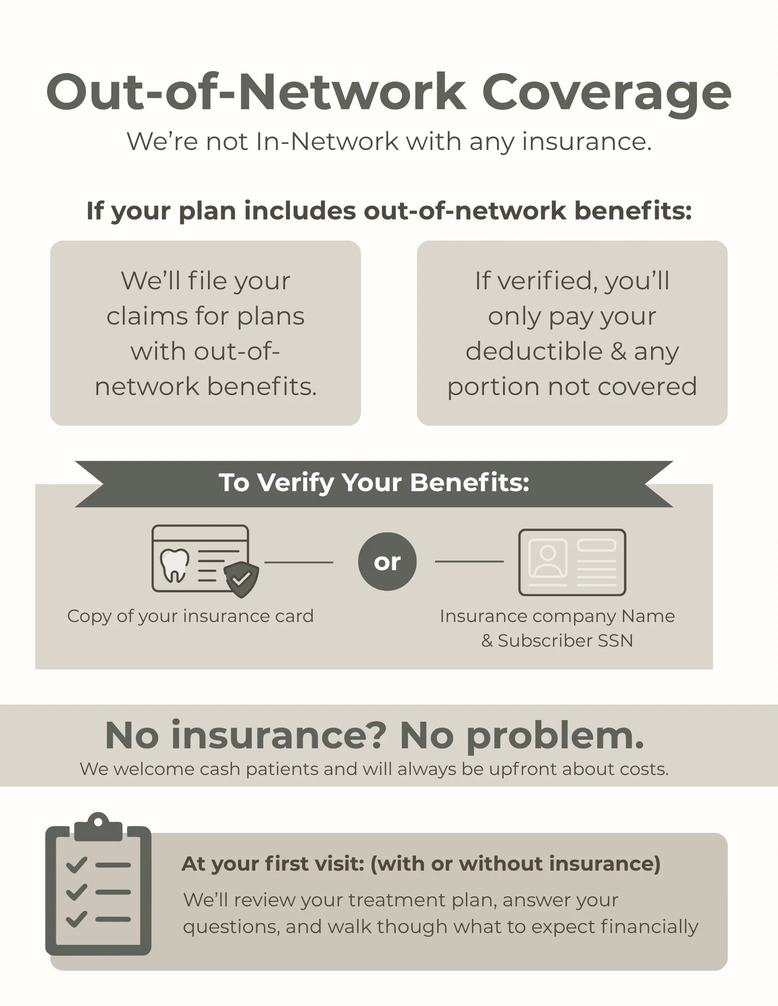 Informational flyer about out-of-network coverage for health insurance, detailing benefits, verification processes, and first visit procedures.