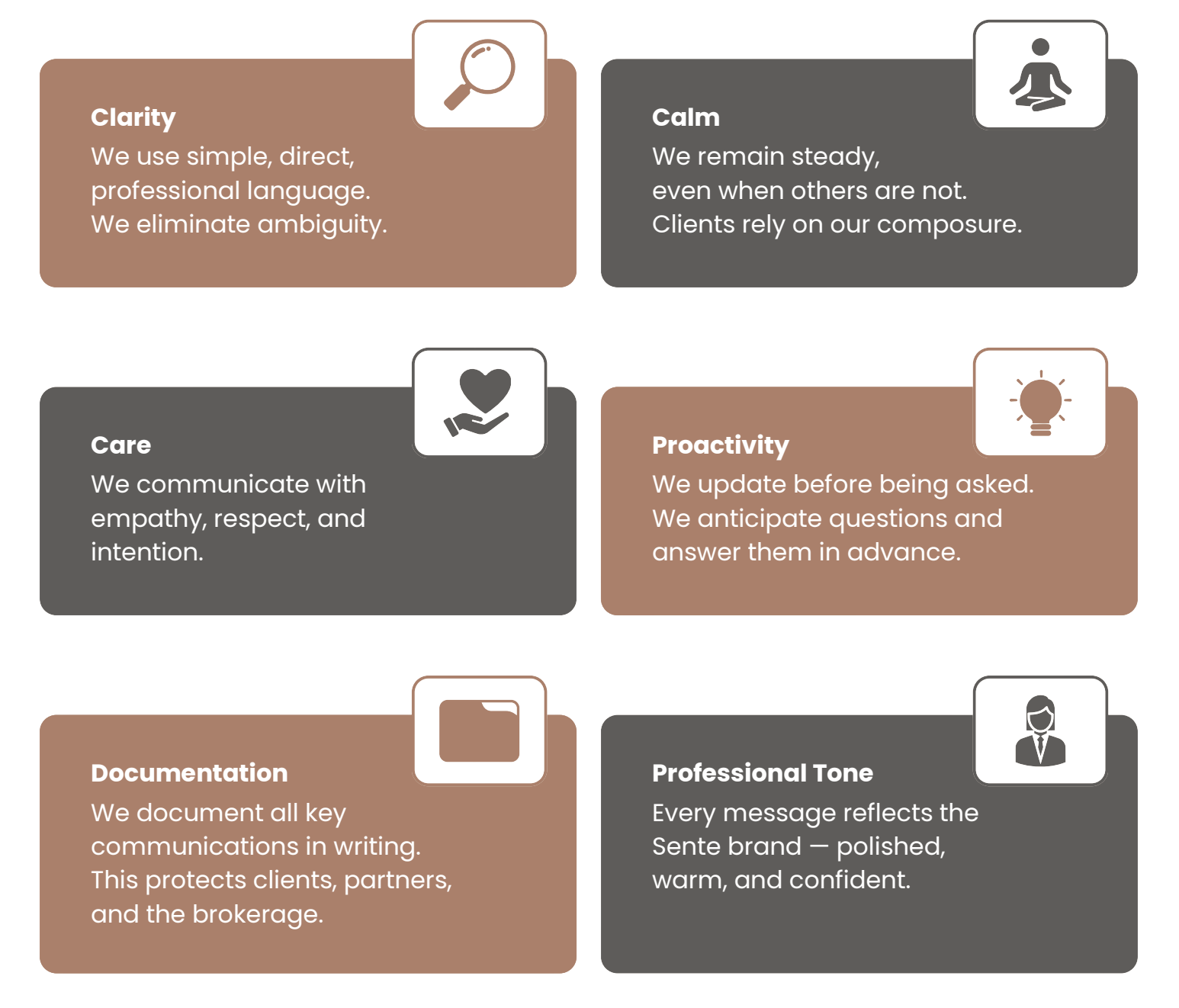 Four sections with icons and text about professional communication qualities. The sections are labeled Clarity, Calm, Care, and Proactivity, and also include Documentation and Professional Tone. Clarity emphasizes simple, direct language. Calm highlights steadiness and client trust. Care mentions empathy, respect, and intention. Proactivity is about updating and anticipating questions. Documentation notes writing key communications. Professional Tone stresses polished, confident messaging.