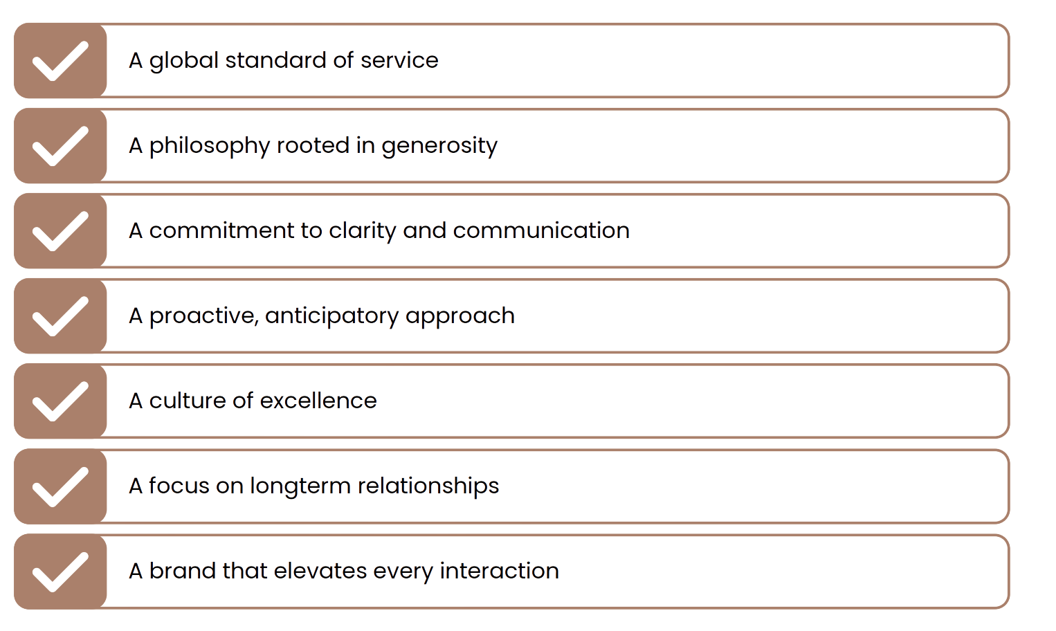 List of six points with brown check marks on black backgrounds: 1. A global standard of service, 2. A philosophy rooted in generosity, 3. A commitment to clarity and communication, 4. A proactive, anticipatory approach, 5. A culture of excellence, 6. A focus on long-term relationships, 7. A brand that elevates every interaction.