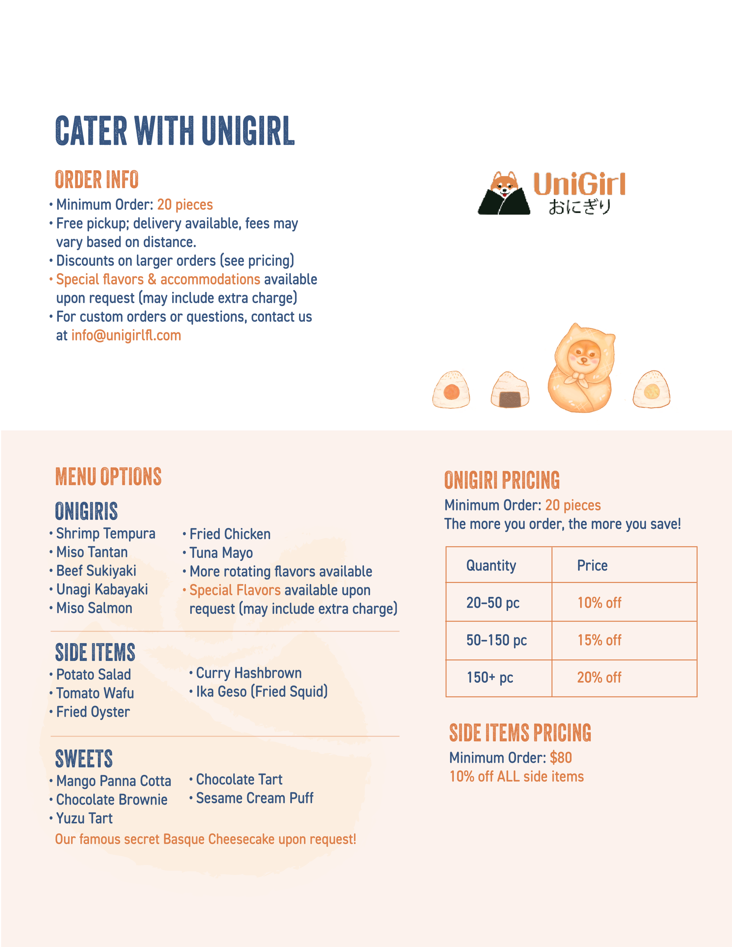 Menu page for Unigirl featuring sections on order information, menu options including onigiri flavors, side items, sweets, and pricing details, with illustrations of onigiri rice balls, a cute animal mascot, and a Basque cheesecake.
