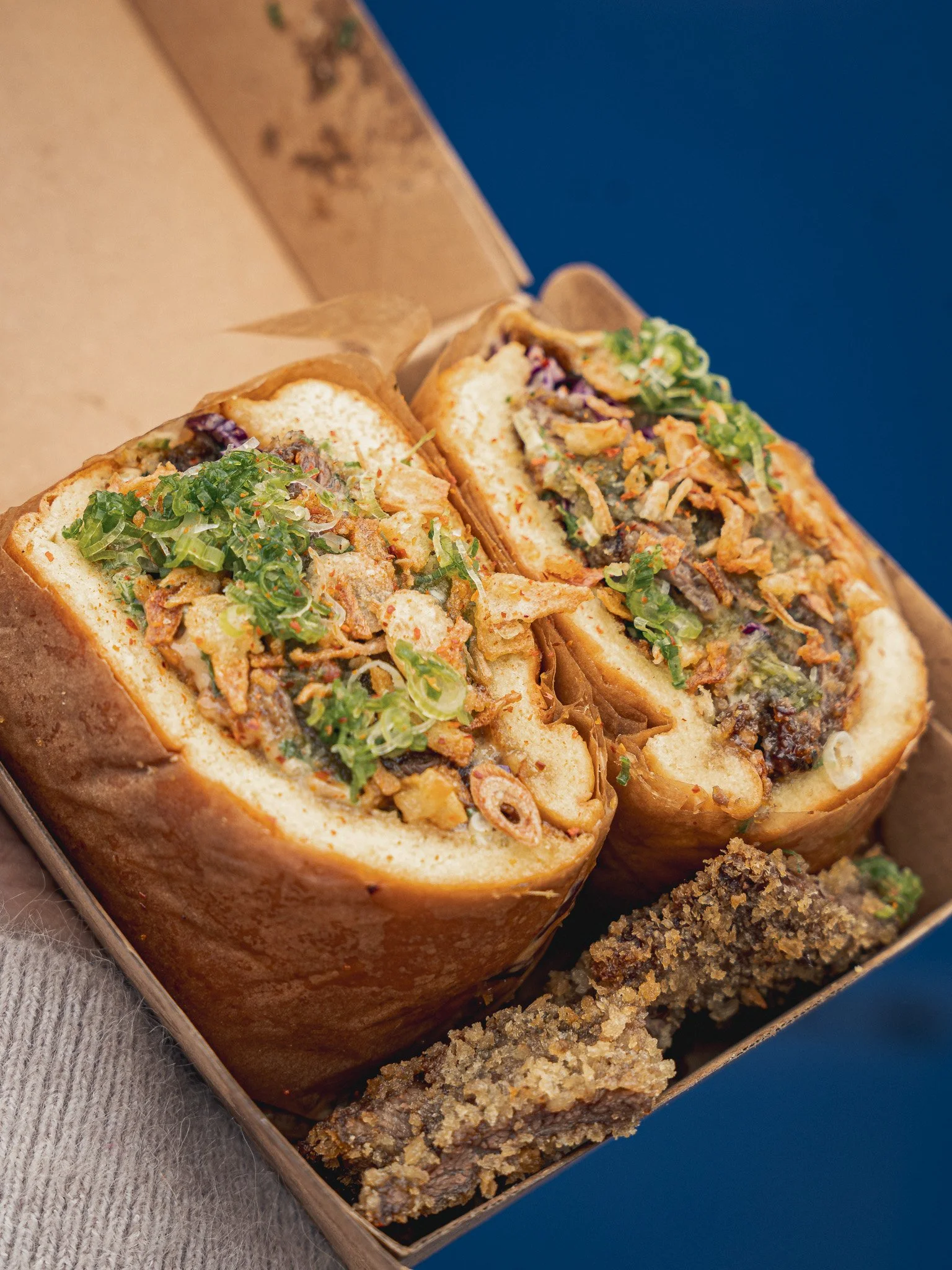 Close-up of a sandwich cut in half with various fillings including shredded lettuce and possibly shredded meat, served with a piece of crunchy, breaded food on the side.