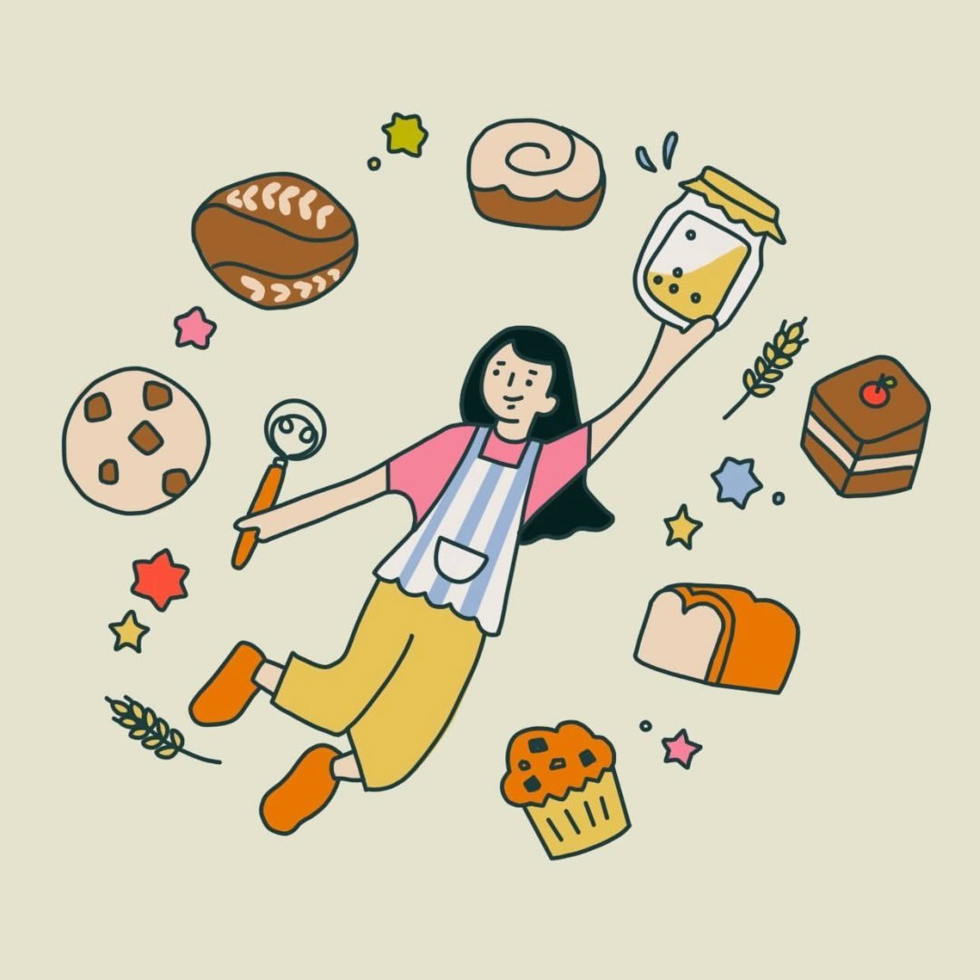illustrated girl with bakery items surrounding her