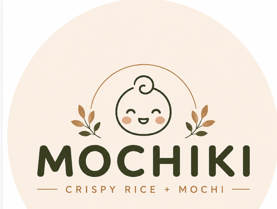 cute mochi icon over "mochiki" font and "crispy rice + mochi" text underneath