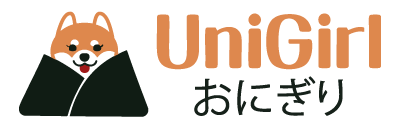 Logo for UniGirl featuring a cartoon Shiba Inu dog with a scarf, the word 'UniGirl' in bold brown letters, and Japanese characters beneath.