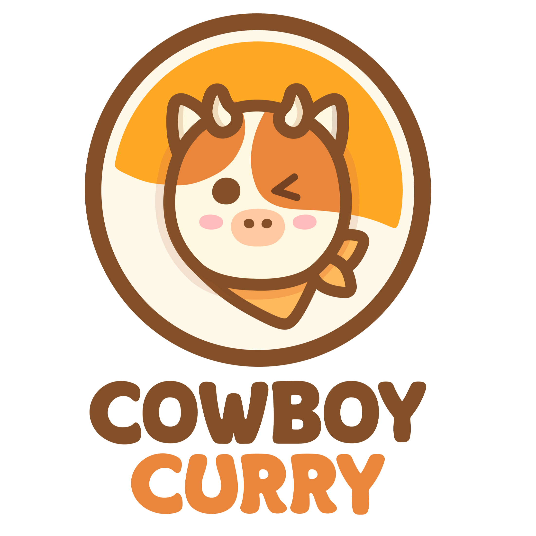 A cute cartoon cow dressed as a cowboy with the text 'Cowboy Curry' below.