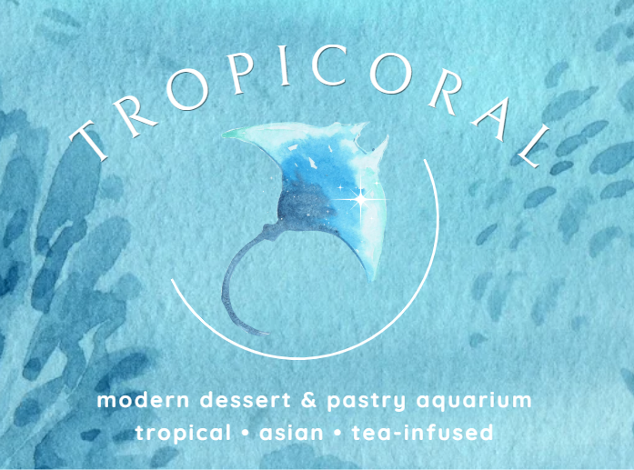 tropical logo with painted stingray in painted blue water with "modern dessert & pastry aquarium tropical + asian + tea-infused"