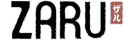 Text logo with the word 'ZARU' in black letters and a pink speech bubble with Japanese characters.