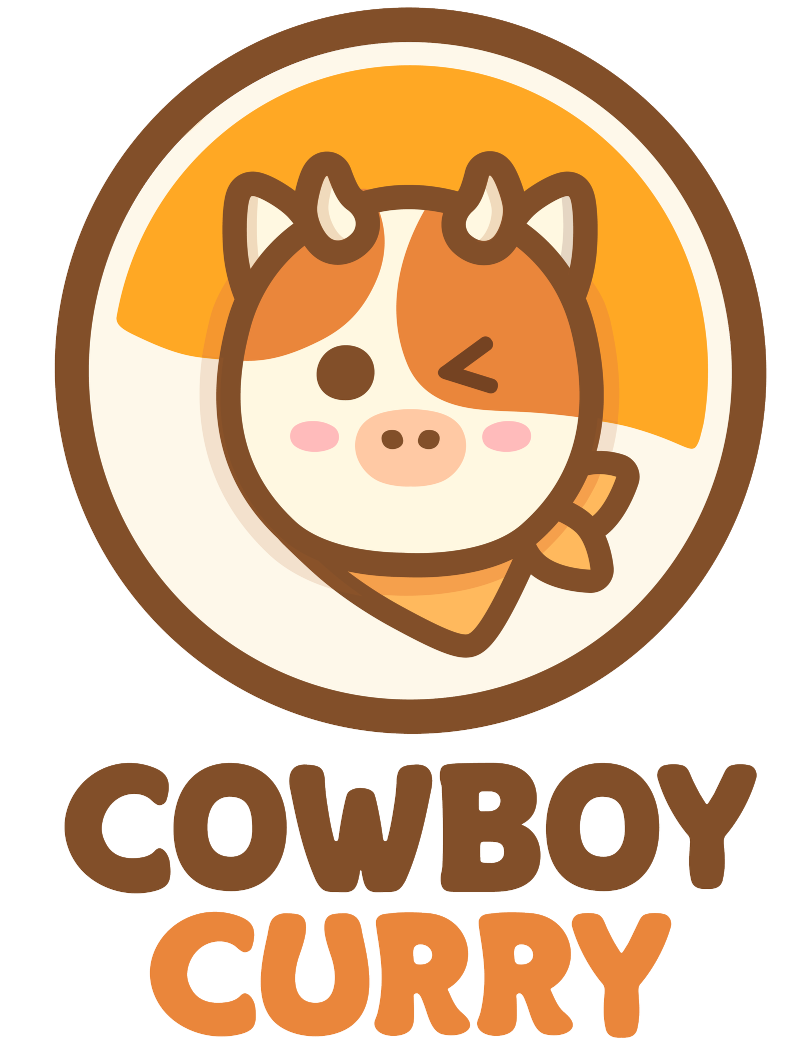 Cute cartoon cow with a cowboy hat and a big grin, with the words "Cowboy Curry" below.