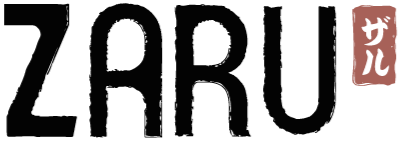 Stylized black text spelling 'ZARU' with a red stamp featuring white Japanese characters to the right.