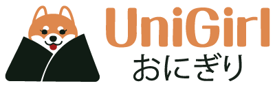 A cartoon illustration of a cute dog with a happy expression, wearing a black jacket, next to the text 'UniGIRL' and Japanese characters.