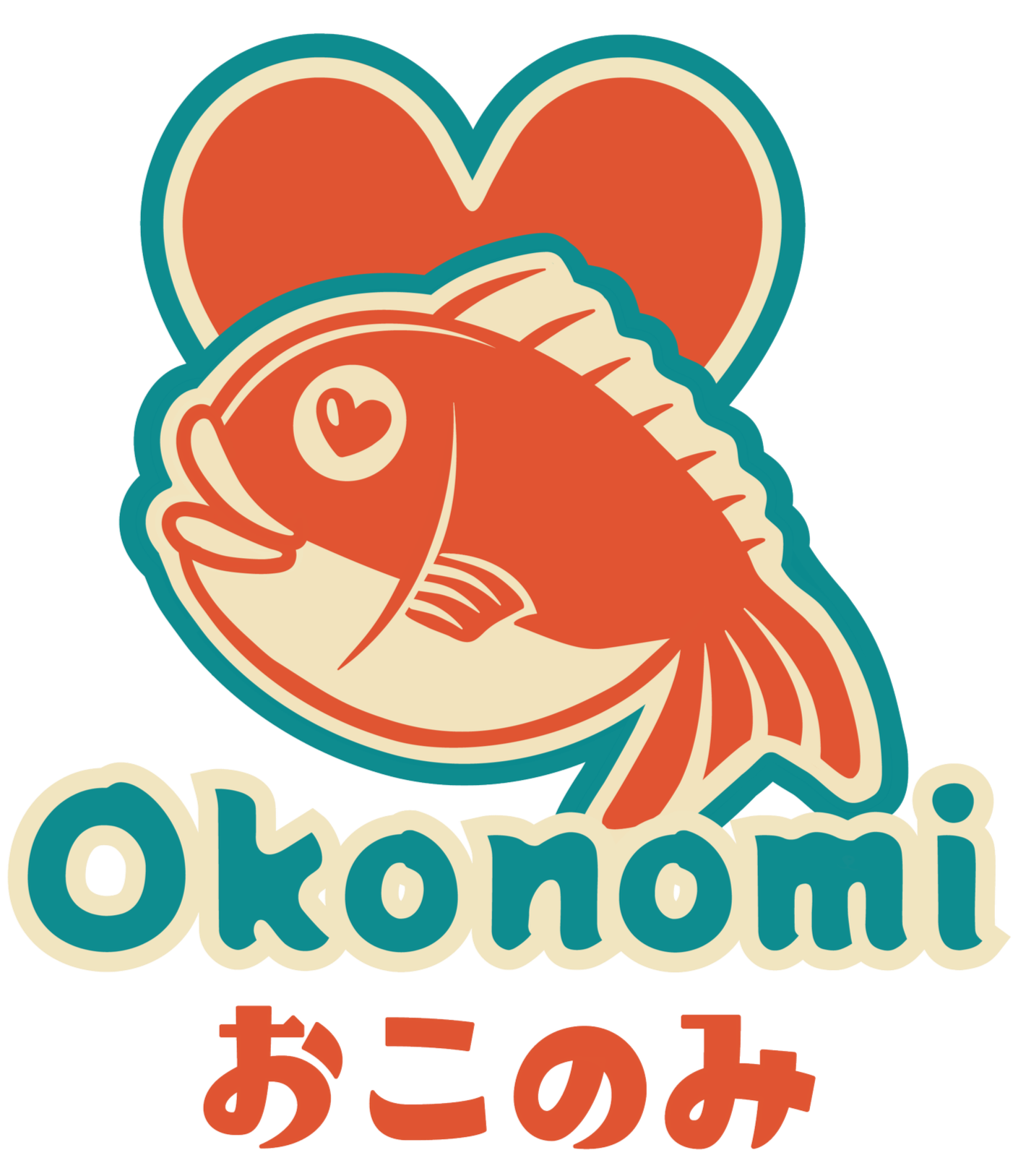 A logo featuring a smiling fish with a heart on its side, above a large red heart, and the word 'Okonomi' in blue letters. Japanese characters are below.