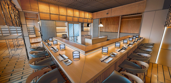 Empty restaurant dining area with a large rectangular wooden table set with plates, glasses, and napkins, surrounded by cushioned chairs, featuring modern decor with wood-paneled walls and warm lighting.