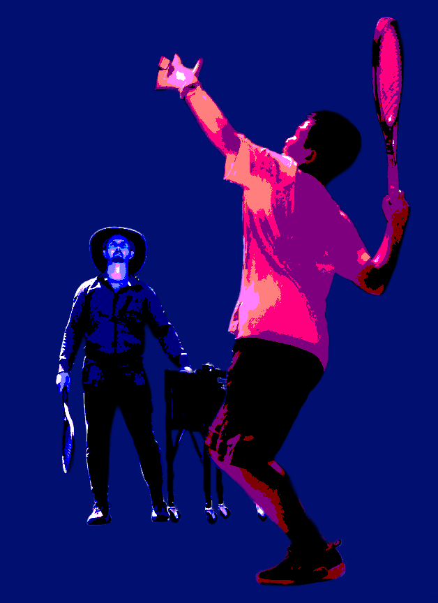 A stylized digital illustration of a tennis player hitting a ball with a racket, with a coach in the background holding a racket and a ball basket, against a dark blue background.