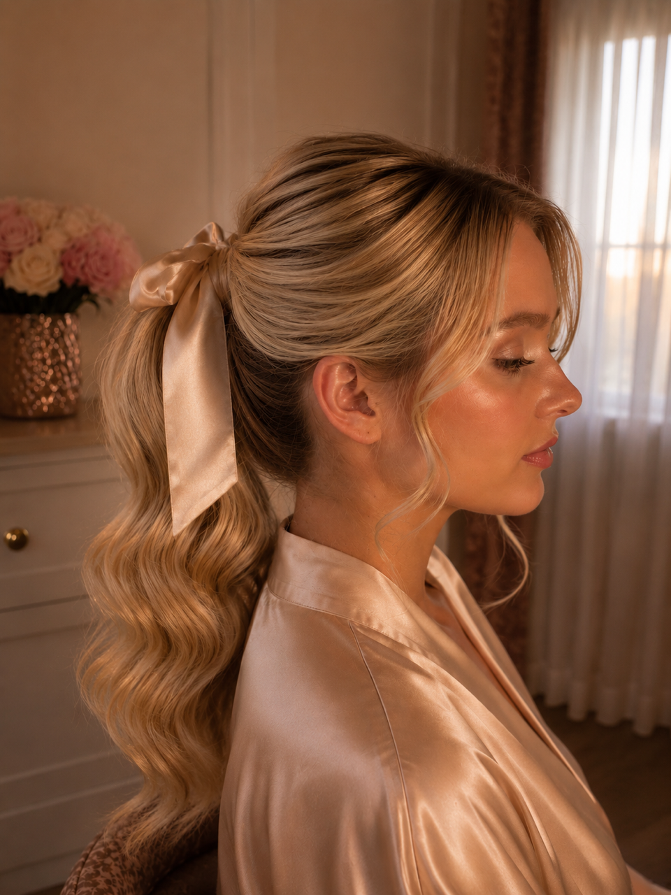 A woman with blonde wavy hair tied back with a satin ribbon, sitting in a softly lit room, wearing a satin robe.
