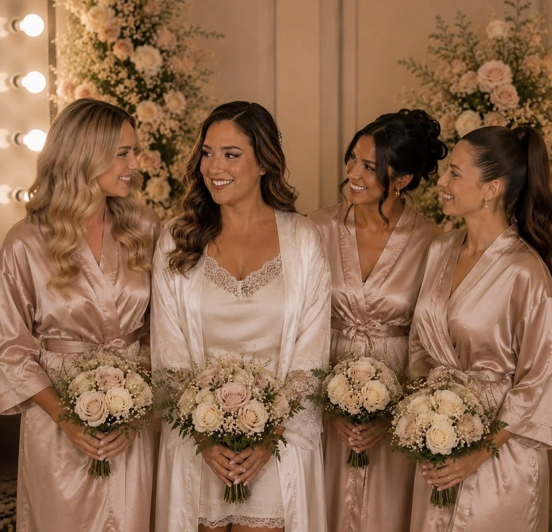 Four women in satin robes, smiling, holding bouquets of cream and blush roses and baby's breath, standing in a decorated room with floral arrangements.