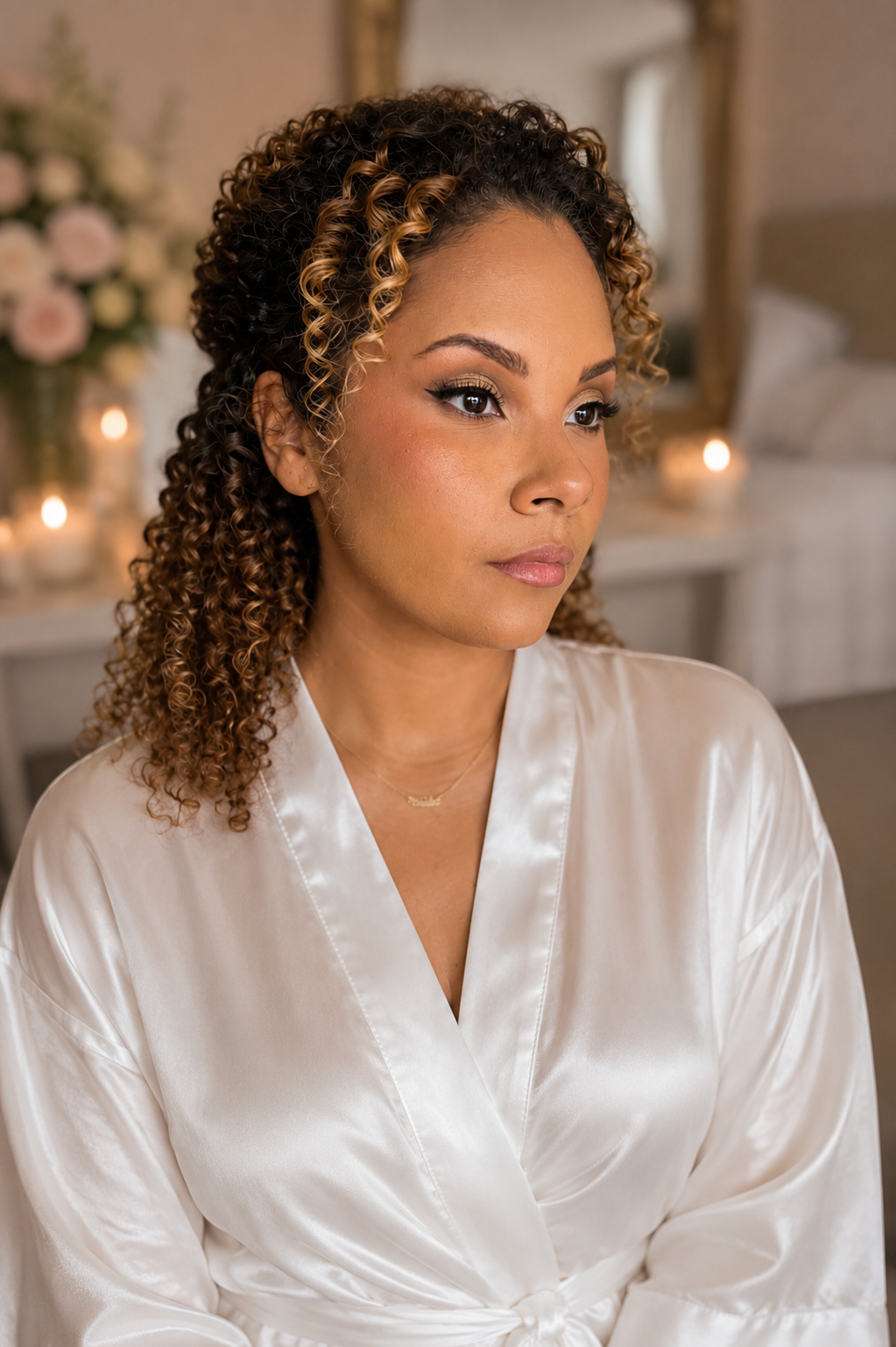 A woman with curly hair wearing a satin robe, sitting in a softly lit bedroom with candles and flowers in the background.
