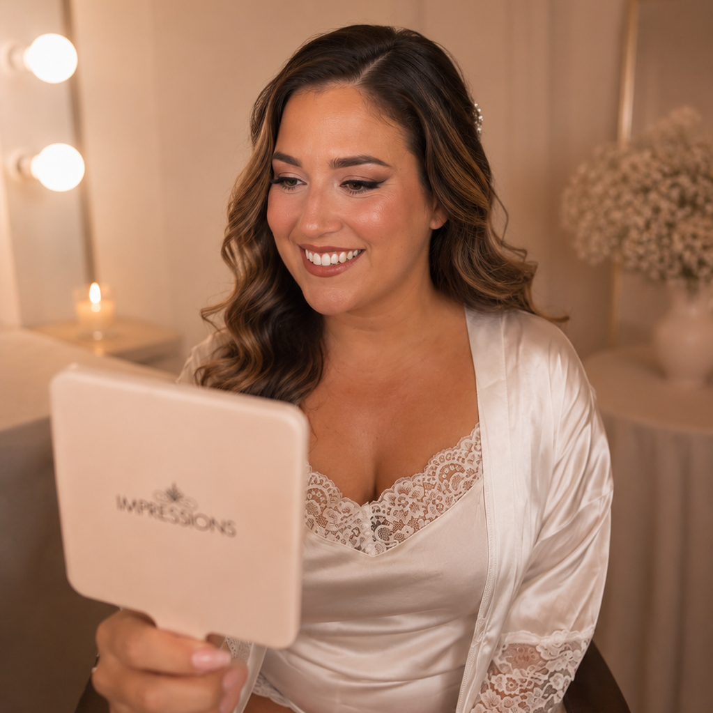 A woman with long, wavy brown hair sitting in a dressing room, looking at herself in a handheld mirror, smiling, wearing a satin silk robe with lace detail.
