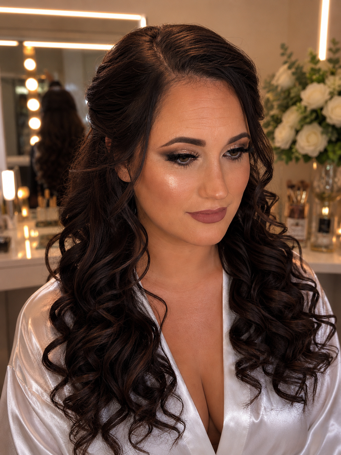 A woman with long, dark, curly hair dressed in a white satin robe, getting ready in a well-lit room with makeup and beauty products on the counter, and a bouquet of white roses in the background.