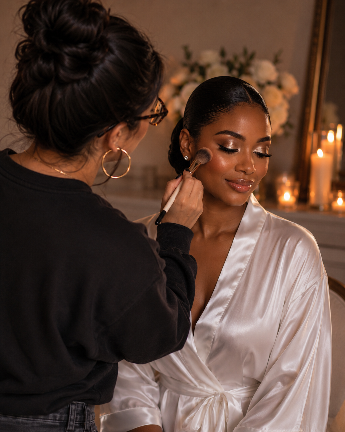 A woman with dark hair in an elegant updo and pearl earrings is receiving makeup application from a makeup artist with glasses and hoop earrings, with lit candles and flowers in the background.