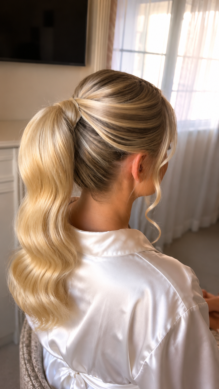 Woman with blonde hair styled in a high wavy ponytail, wearing a satin robe, sitting in a room with sheer curtains and a window.