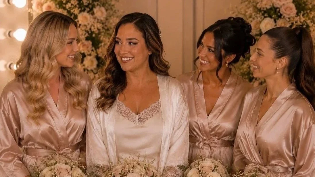 Four women, dressed in satin robes, are smiling at each other at a wedding preparation, with floral arrangements in the background.