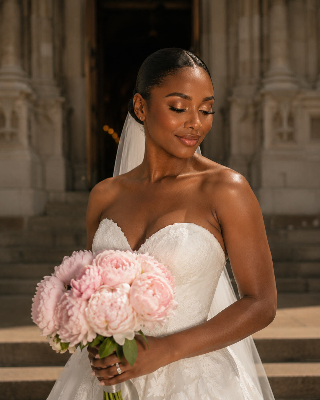 A bride in a strapless white wedding dress holding a bouquet of pink peonies.