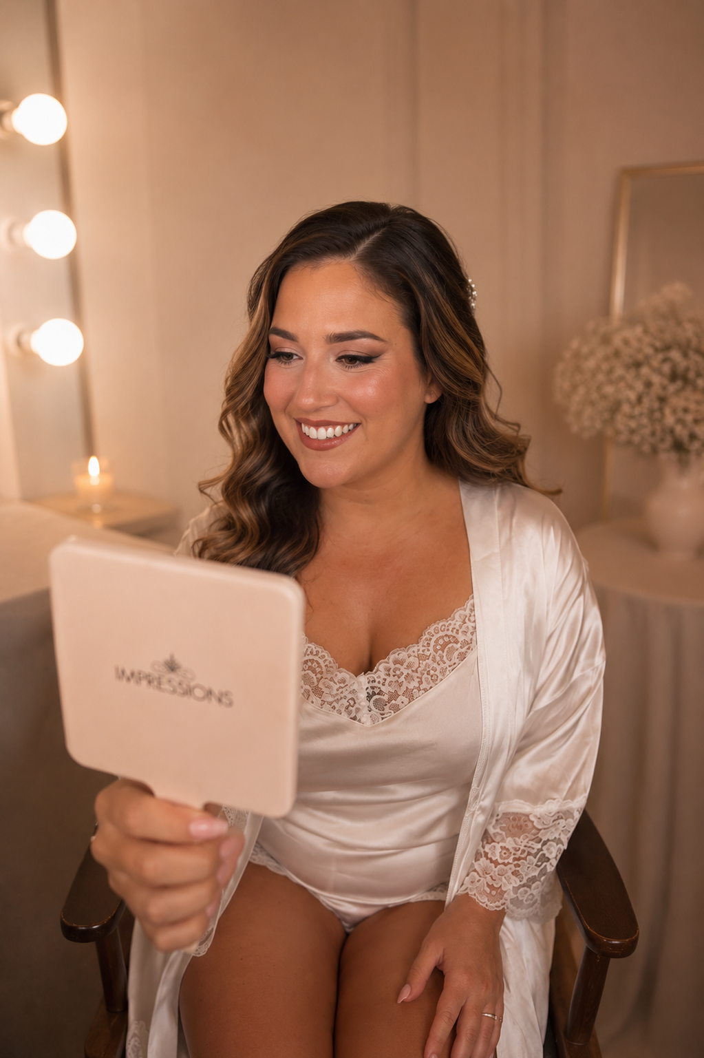 A woman in satin robe and lace top looking at herself in a mirror."WISHES" branded mirror, soft lighting, homely decor, and flowers in the background.
