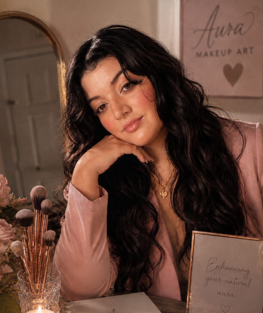 A woman with long, wavy black hair and light makeup, wearing a pink satin blazer and a gold heart necklace, sitting at a vanity or makeup area with makeup brushes, flowers, and a sign that says 'Enhancing your natural aura' in the background.