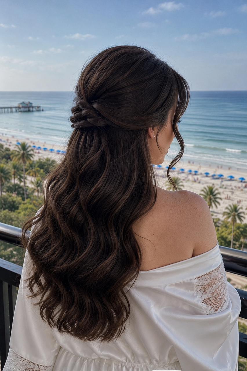 A woman with long, wavy brown hair, wearing an off-the-shoulder white top with lace details, standing on a balcony overlooking a beach with blue umbrellas, palm trees, and an ocean pier in the distance.