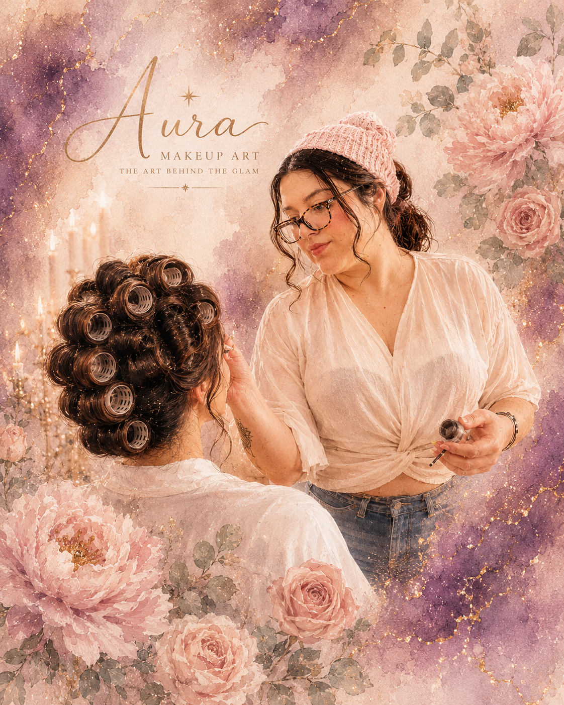 A makeup artist with glasses, a pink knit hat, and a beige top is applying makeup or beauty products to a woman with curled hair in curlers, wearing a light-colored shirt, in a floral and watercolor background with candles and flowers.