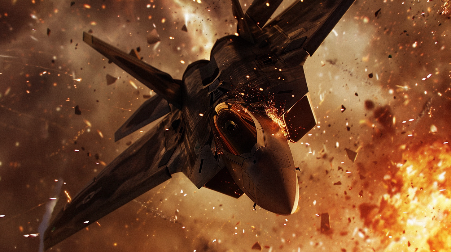 AI fighter jet visual for movie trailer "tic Tac" flying in an explosion with debris and fire surrounding it.